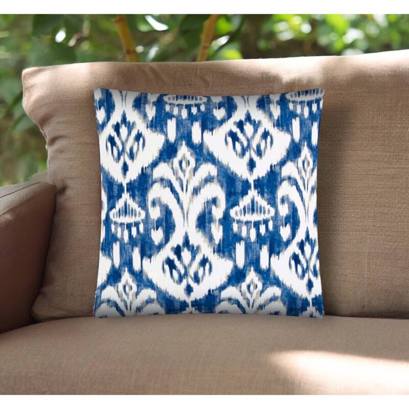 17" Indigo Taupe and Cream Ikat Indoor Outdoor Throw Pillow Cover - Indigo Taupe and Cream