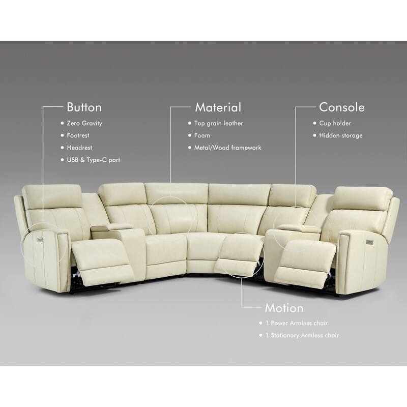 Genuine Leather Power Recliner Sectional Sofa with Ajustable Headrest, USB&USB-C Port