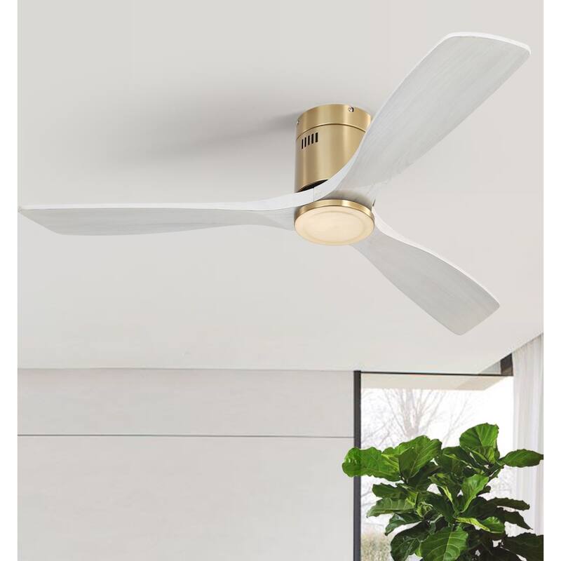 52'' Flush Mount Ceiling Fan with DC 3 Carved Wood Blades and Remote Control, without Light - 52''×52''×10.24''