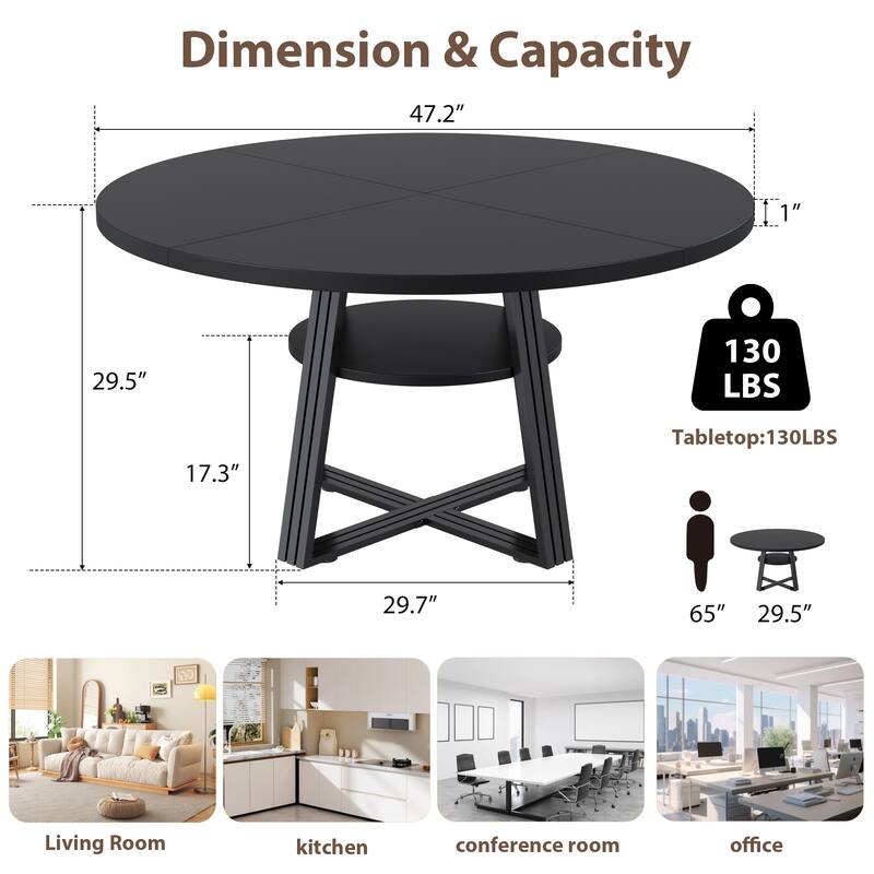 Round Dining Table for 4-6, 42" Farmhouse Kitchen Table
