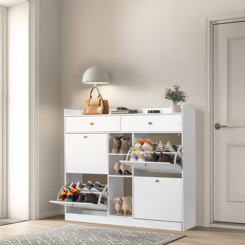 White Shoe Cabinet with 4 Drawers and Storage Compartments for Entryway Hallway Organization - 50.39”W x 9.84”D x 42.13”H