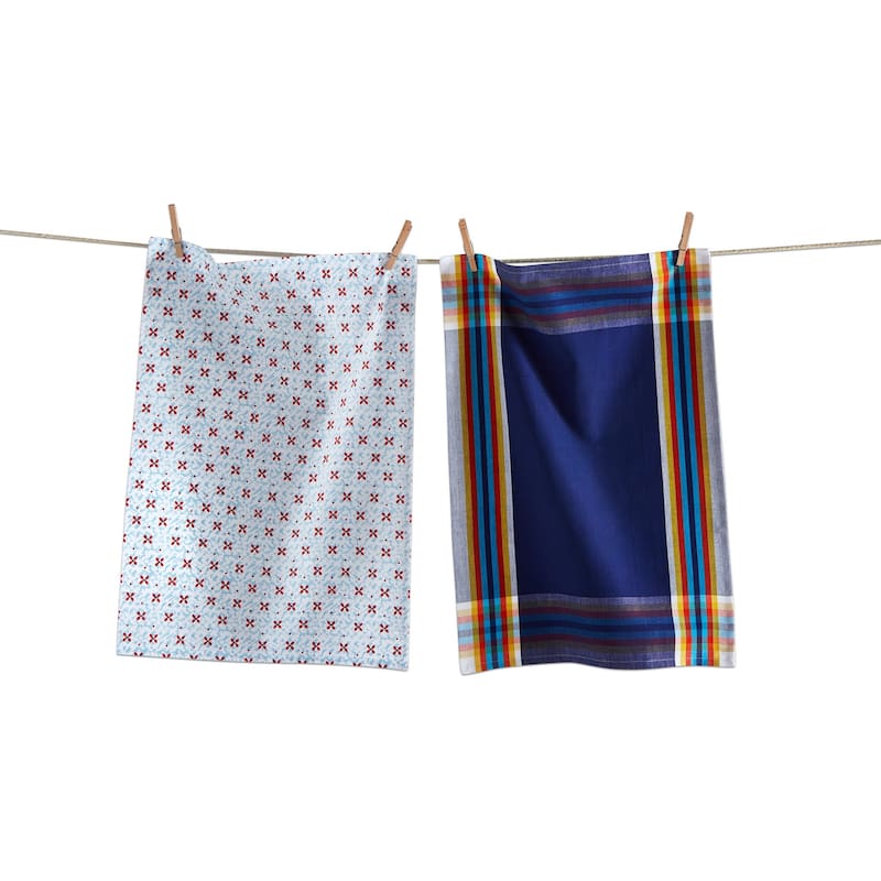 Coastal Stamp Blue Cotton Flour Sack Kitchen Dishtowel Set Of 2