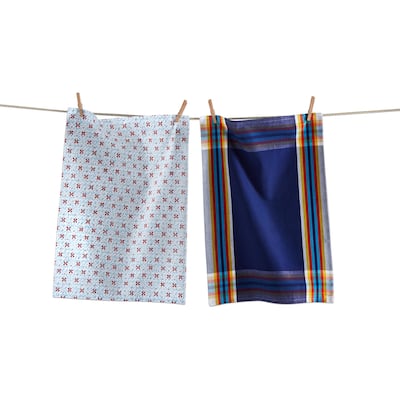 Coastal Stamp Blue Cotton Flour Sack Kitchen Dishtowel Set Of 2