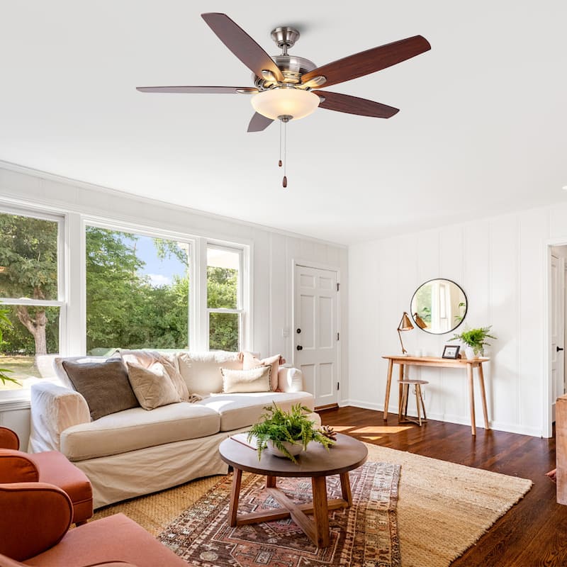 52-inch Traditional Nickel Frosted Glass Ceiling Fan with Light and Pull Chain - Polished Nickel