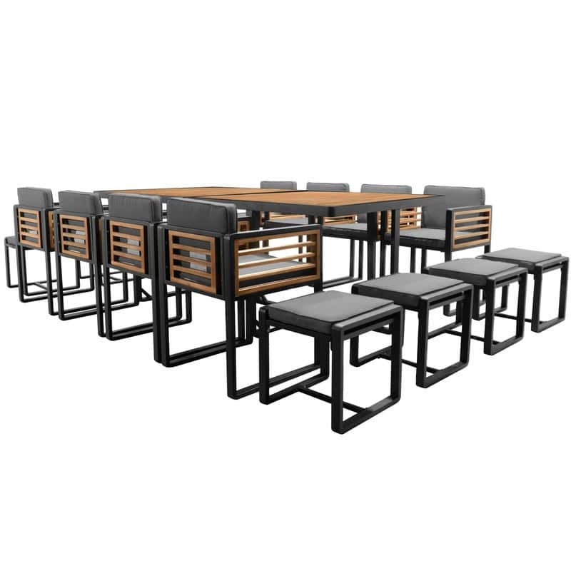9-Piece/18-Piece Acacia Wood Patio Dining Set, Outdoor Dining Table Set with Cushioned Chairs, Ottomans and 1 Square Table