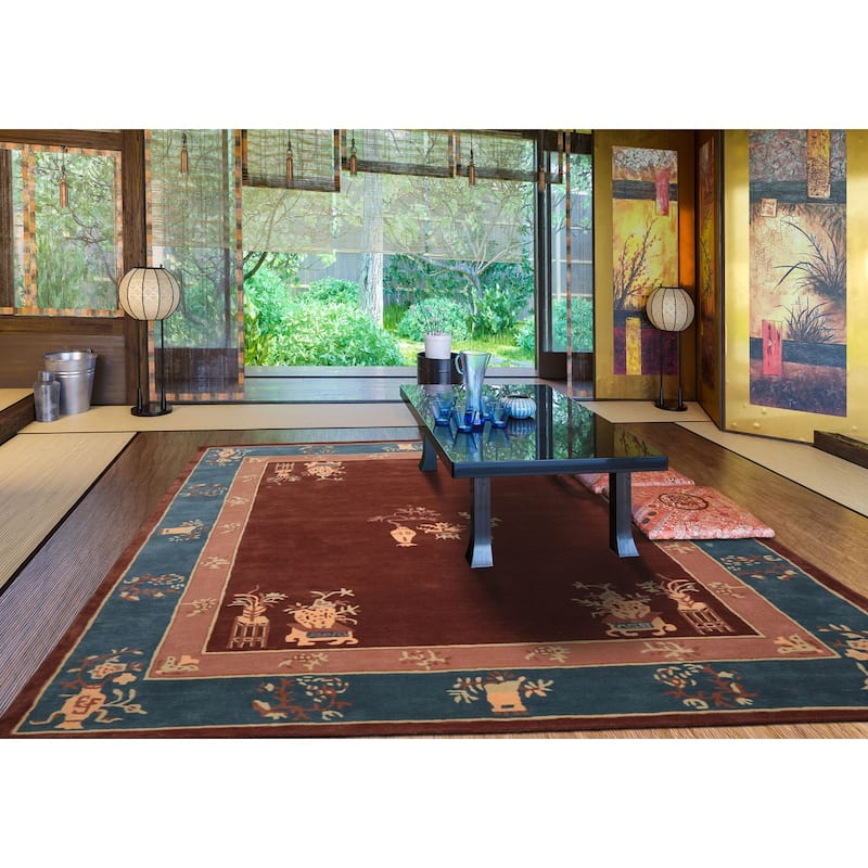 Hand Tufted LoomBloom Brown Oriental Area Rug Multi Sizes Featuring Vase Transitional Chinese Art Deco in New Zealand Wool