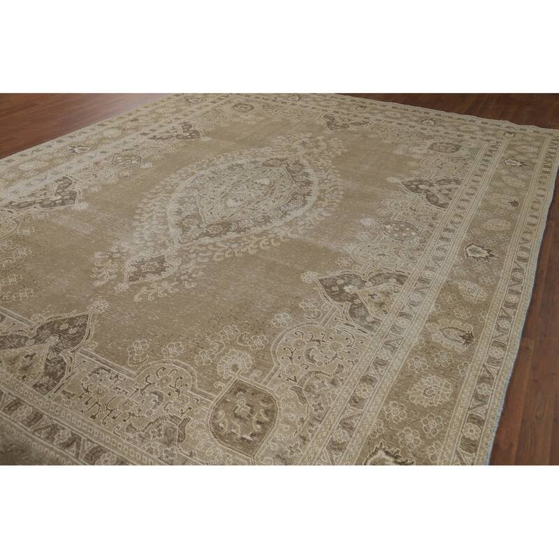 Distressed Tabriz Vintage Persian Rug Hand-Knotted Brown Wool Carpet - 9'6" x 13'3"