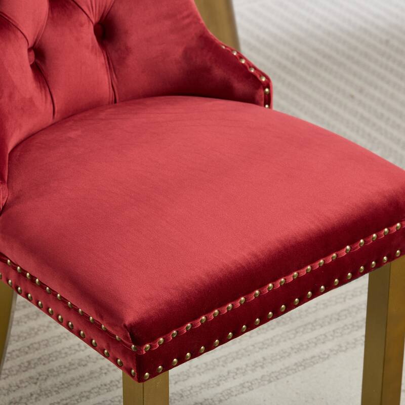 Velvet Dining Chairs Set of 2, Tufted Dining Chairs with Nailhead Trim, Kitchen Chairs with Lion Head Pulls Ring & Wooden Legs