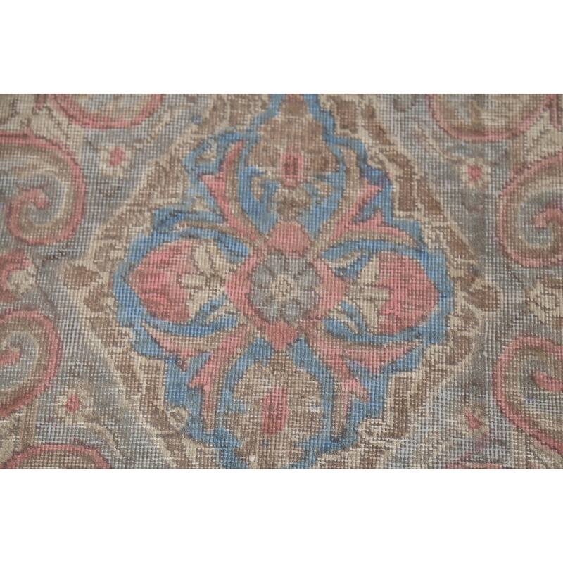 Distressed Tabriz Persian Vintage Rug Hand-Knotted Blue Wool Carpet - 10'0"x 13'4"
