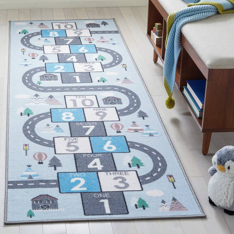 SAFAVIEH Kids Playhouse Machine Washable Slip Resistant Arendine Hopscotch Area Rug - 12' Runner - Grey/Blue