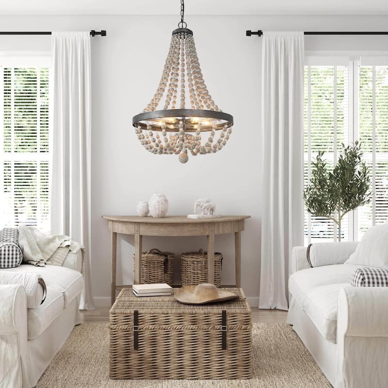 Modern Farmhouse 6-Light Wood Chandelier Boho Empire Pendant Light - D20.1"xH88.3"