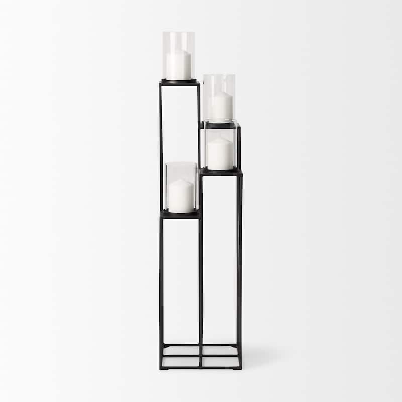 Cindy Matte Black Metal 4-Tier With Hurricane Glass Floor Candle Holders - Black