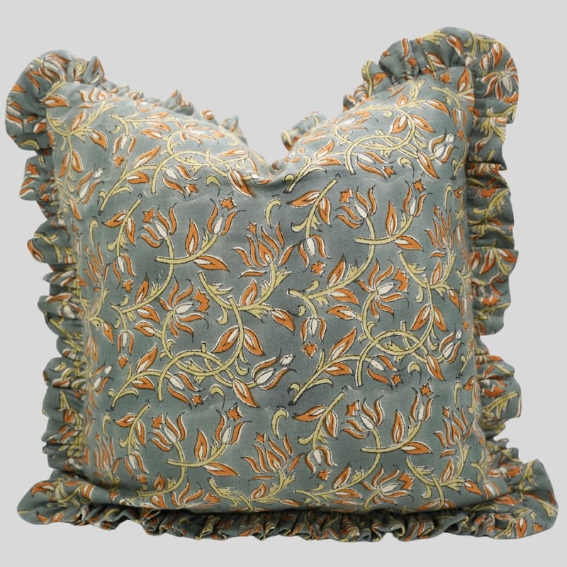 Fabdivine Handmade Block Print Floral Frill Both Side Soft Boho Pure Linen Pillow Cover - Kamal Dutta- Orange, Dark Grey - 26" x 26" - Cover Only