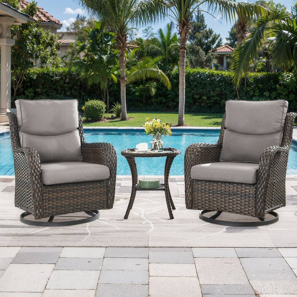 Outdoor Swivel Chair with Coffee Table- Grey cushion - Brown
