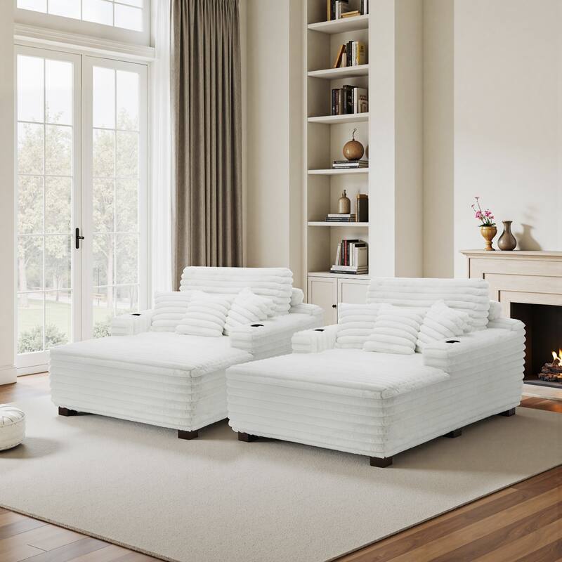 53"W Oversized Plush Fur-Like Chaise Lounge Sofa with Cup Holder