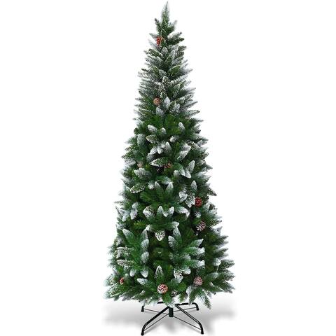 Costway 6ft Snow Flocked Unlit Pencil Christmas Tree Hinged Pine Cones - 6 FT