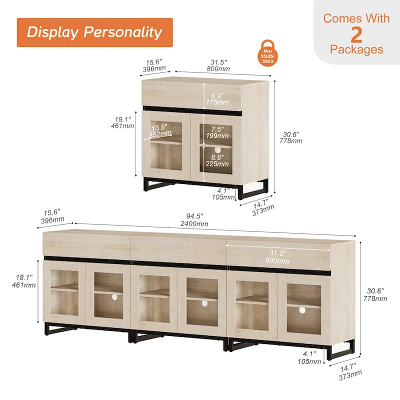 WAMPAT Modern TV Stand with Glass Doors for 110 inch TVs, Entertainment Center Console with 3 Drawers and Metal Base