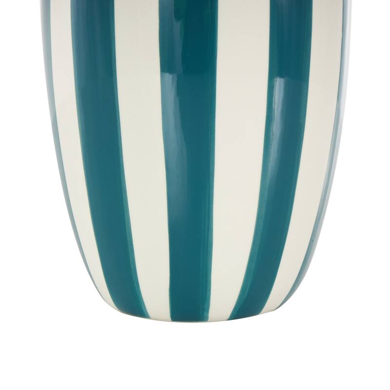 White Ceramic Round Wide Decorative Vase with Yellow or Teal Vertical Stripes