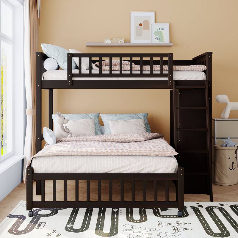 Twin Over Full Bunk Bed with Drawers, Shelves, and Wheels, Espresso Finish