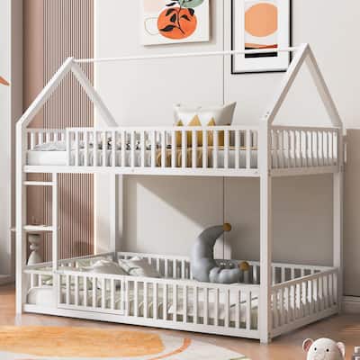White Metal Twin over Twin Bunk Bed with House Frame, Fence Guardrails, and Small Door