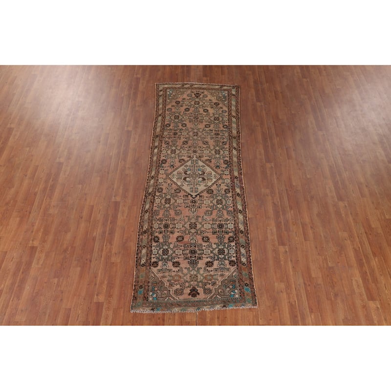 Distressed Hamedan Persian Vintage Runner Rug Handmade Wool Carpet - 3'4" x 9'8"