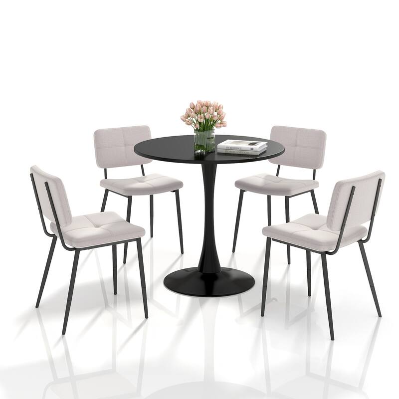 Homy Casa 5-Piece Industrial Dining Set with Round Pedestal Table and 4 Fabric Chairs - Black - Beige