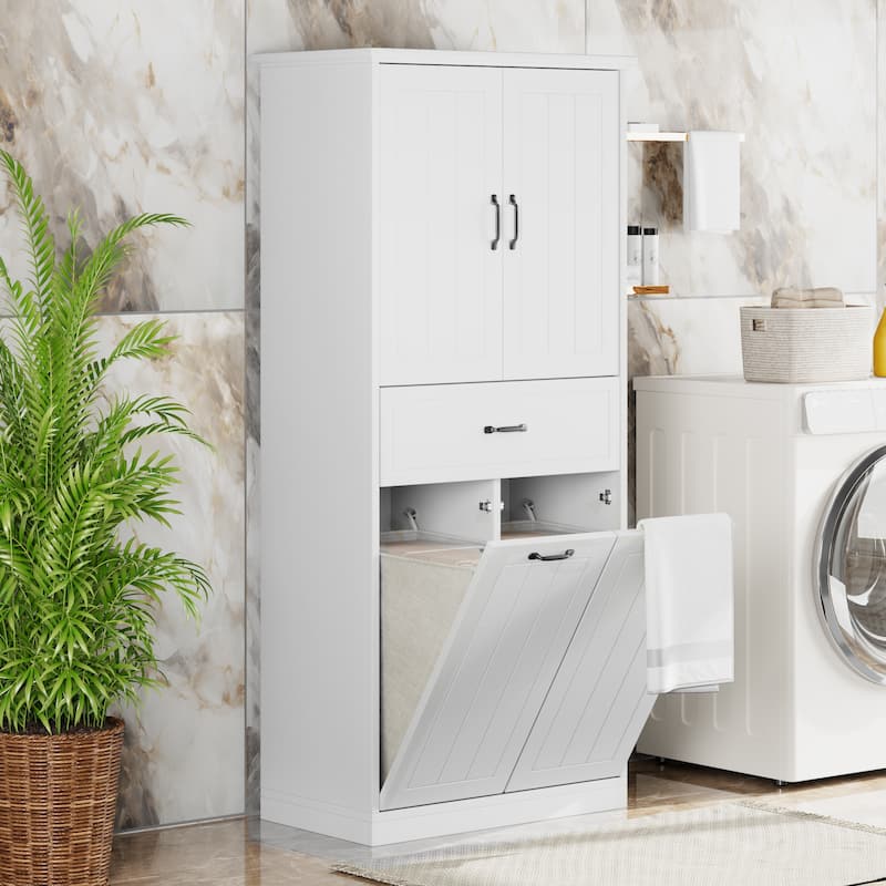 Roomfitters Bathroom Storage Cabinet with Double Laundry Hampers, Doors and Drawer Organizer - White