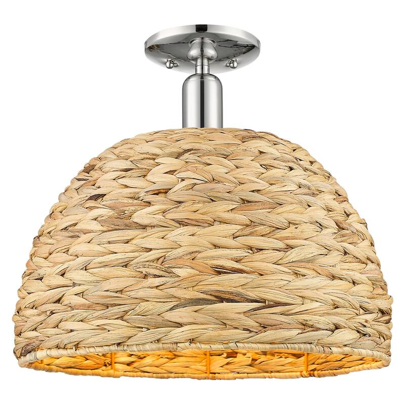 Innovations Lighting 716-1C-15-16 Woven Rattan Semi-Flush Woven Rattan - Polished Nickel / Natural