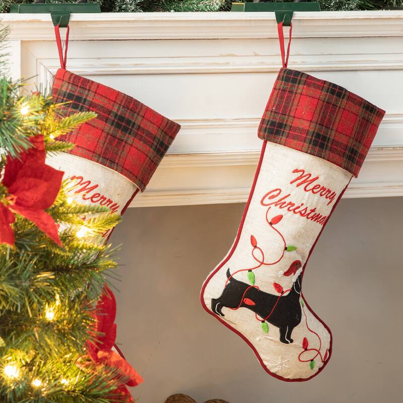 Glitzhome 21"L Dachshund Fabric Plaid Merry Christmas Stocking