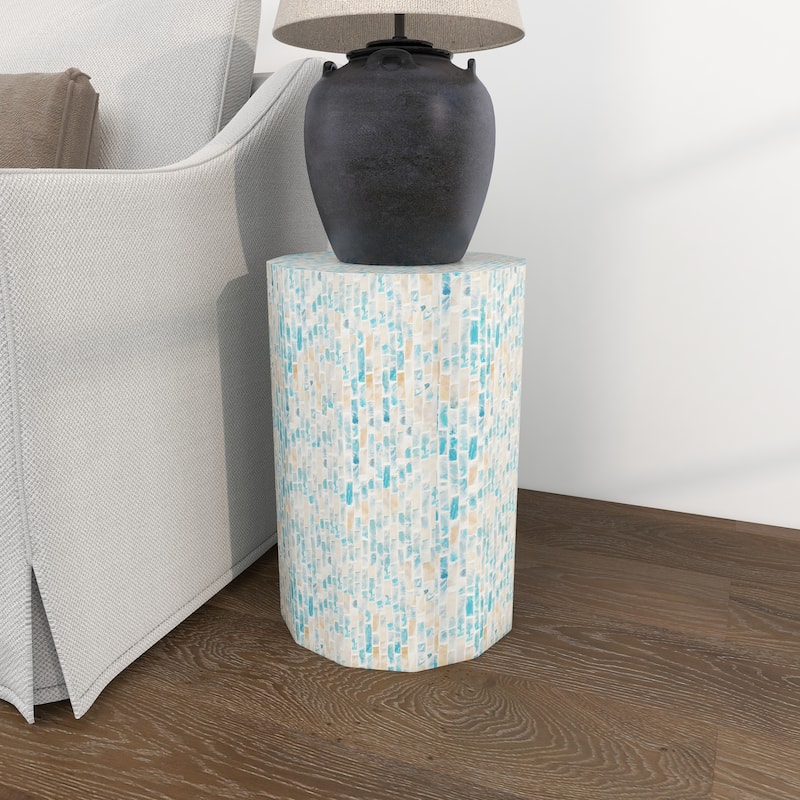 Blue Mother of Pearl Shell Handmade Mosaic Inlay Drum Accent Table