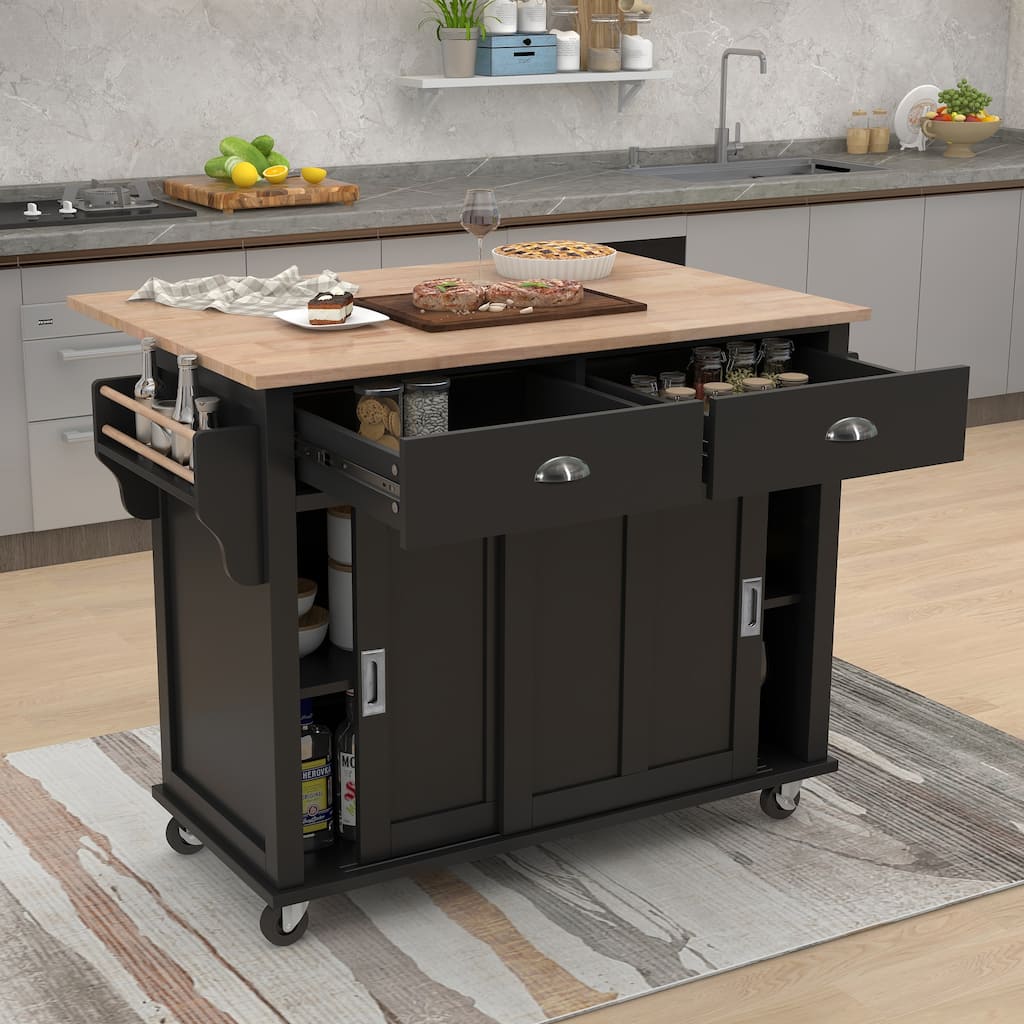 Kitchen cart with Rubber wood Drop-Leaf Countertop, Concealed sliding barn door adjustable height,Kitchen Island