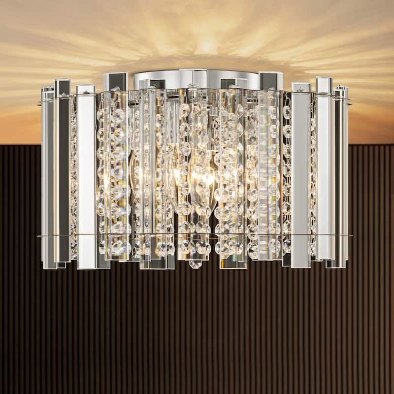 4-Light Modern Glam Drum Clear Crystal Flush Mount Ceiling Light with Crystal Beads - Chrome