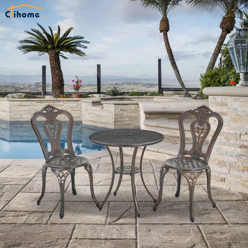 Clihome 3-Piece Cast Aluminum Bistro Table Set with Umbrella Hole - Brown