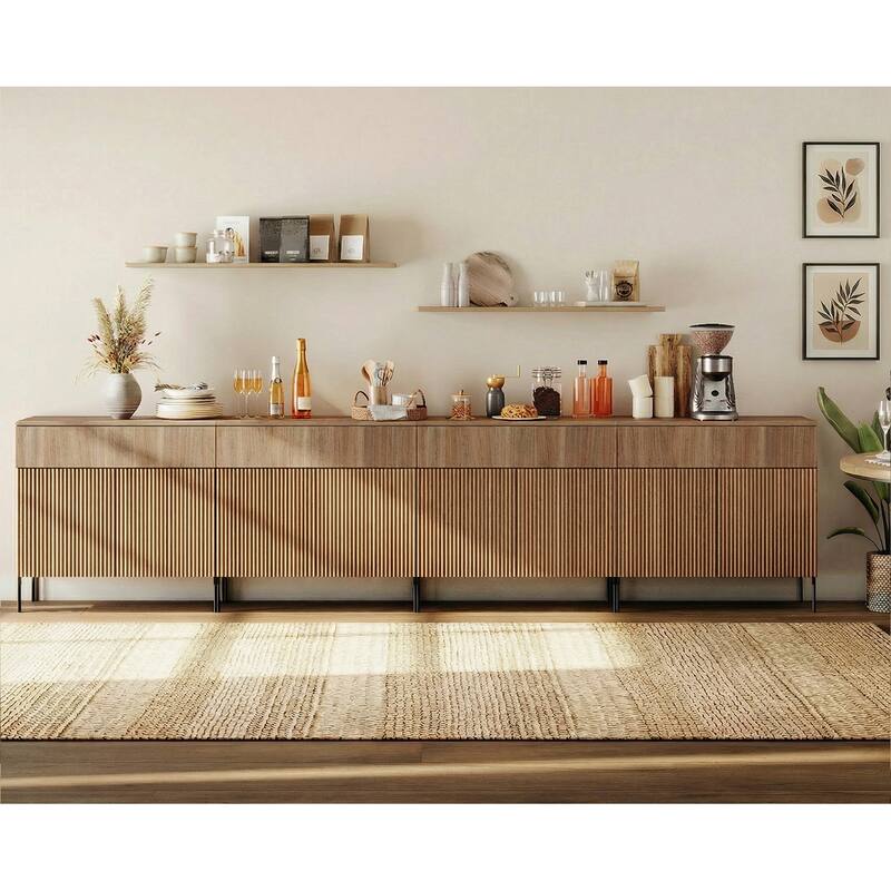 31.5" Wooden Reeded Sideboard With Doors And Drawer, Modern Credenza Storage Cabinet - 4PCS - Walnut