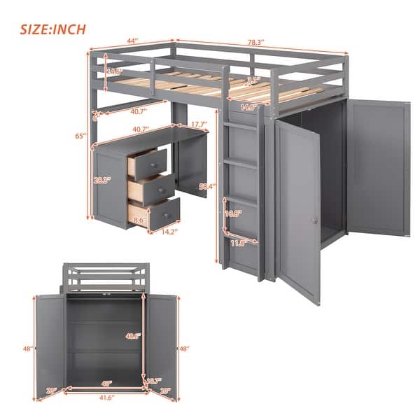 dimension image slide 4 of 6, Solid Wood Loft Bed with Desk, Drawers, Shelves & Wardrobe