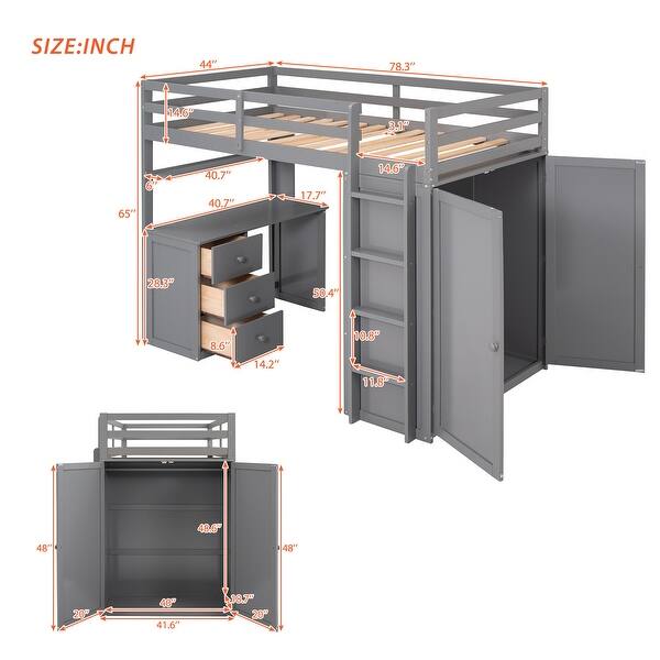 Twin size Loft Bed with Drawers, Desk and Wardrobe, Grey