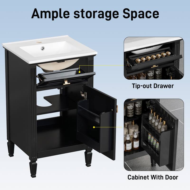 20-Inch Bathroom Vanity With Sink, Solid Wood Legs, Adjustable Shelf, Tilt-Out Drawer, Modern Freestanding Cabinet