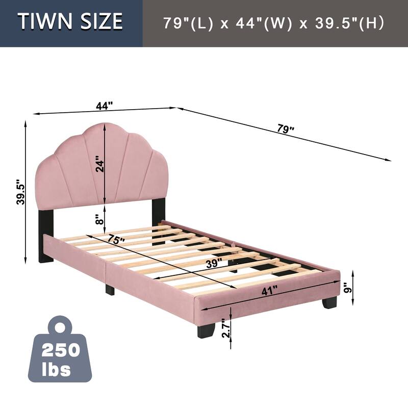 Pink Twin Velvet Platform Bed with Shell Headboard - No Box Spring Required, Soft Velvet Fabric