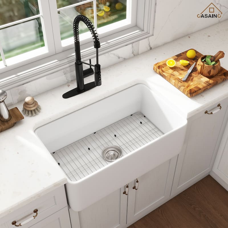Farmhouse/Apron-Front Single Bowl Fireclay Kitchen Sink with 3-Function Pull-Down Kitchen Faucet, Grid, and Basket Strainer