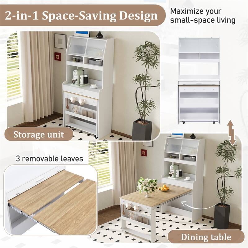 Compact Dining Table with Hutch and Foldable Buffet, Storage Shelf & Side Hooks