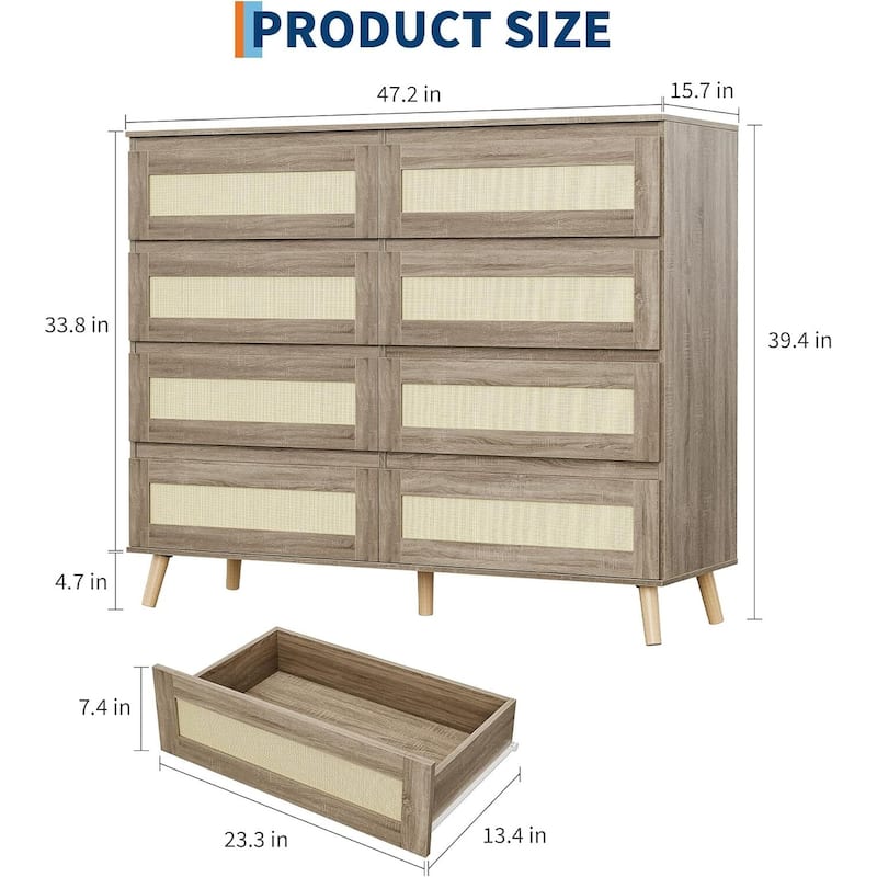 Boho 8 Drawers Wood Dressers TV Stand for Bedroom, Living Room, Hallway