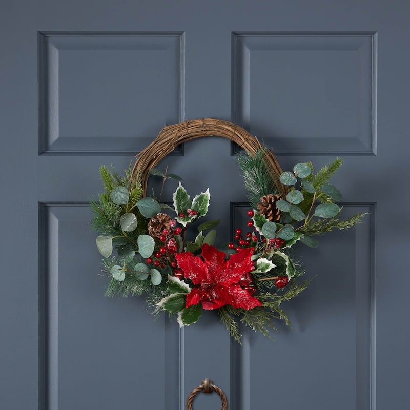 23.5" Poinsettia/Berry/Eucalyptus Half Wreath - Green Leaves - Green Leaves