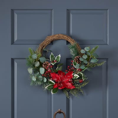 23.5" Poinsettia/Berry/Eucalyptus Half Wreath - Green Leaves