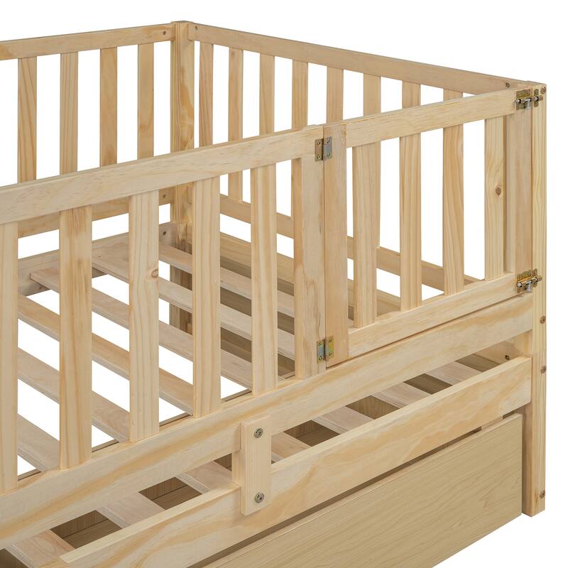 Solid Wood Daybed with Fence Guardrails and 2 Drawers, Split into Independent for Bedroom