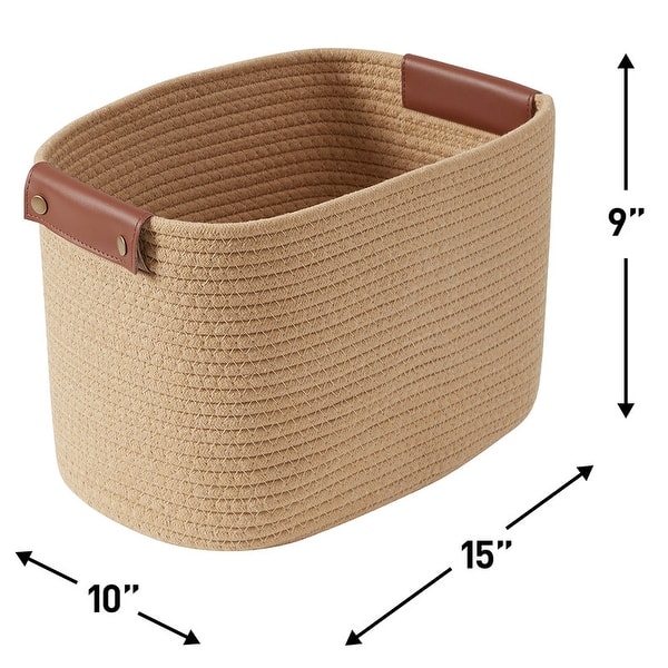 dimension image slide 2 of 5, 3 Pack Woven Cotton Rope Shelf Storage Basket with Leather Handles, Baby Nursery Storage Bin Organizers, Closet Shelf Storage