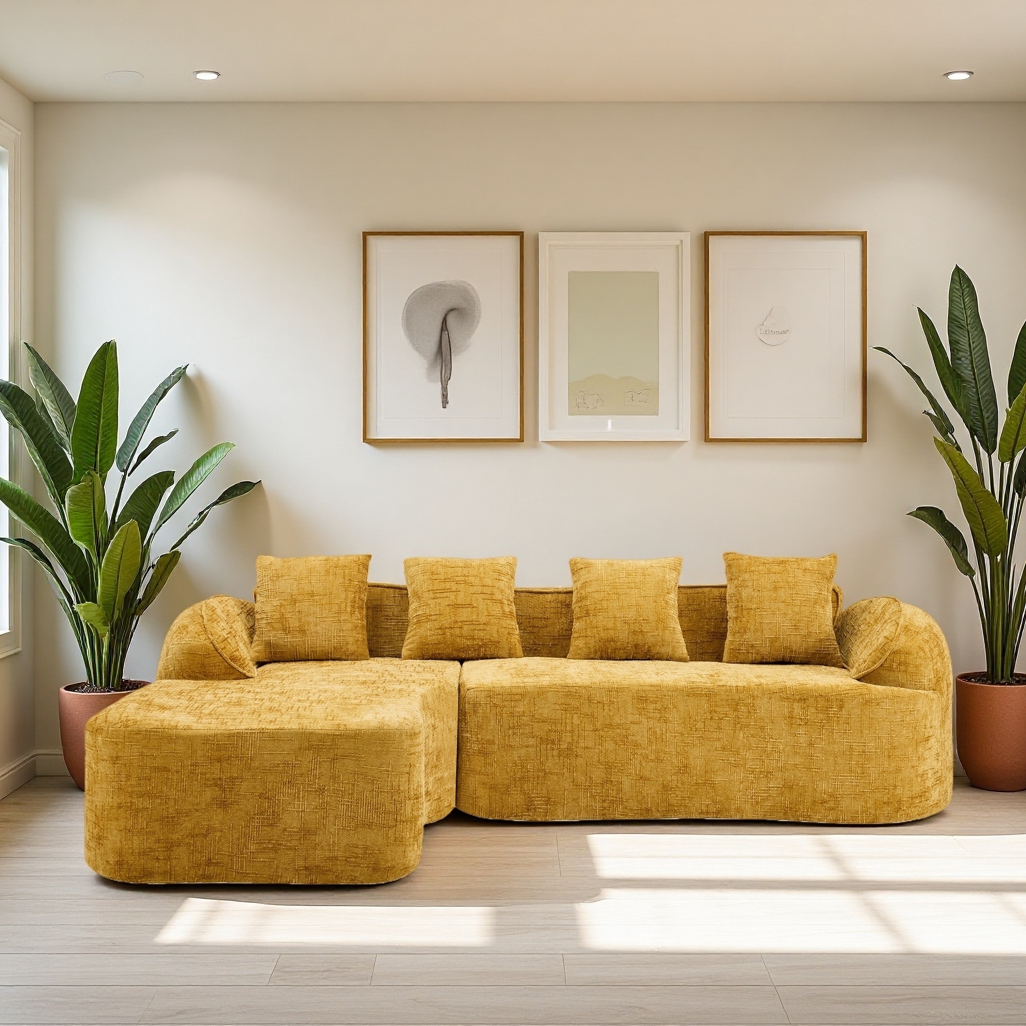 101.2" Chenille L-Shaped Compressed Sectional Sofa with Curved Arms