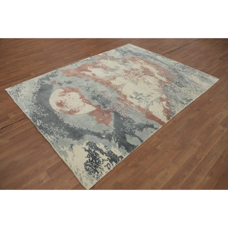Hand-knotted Modern Silk Beige Abstract Oriental Area Rug - 7' 3'' X 5' 5''