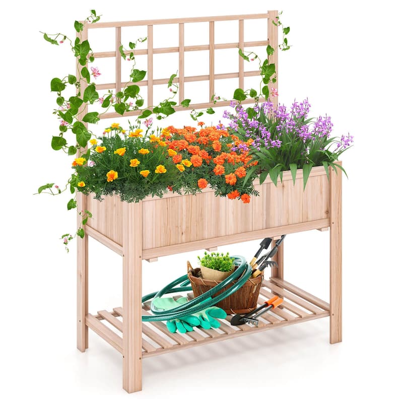Costway Raised Garden Bed Elevated Wooden Planter Box with Trellis & - Nature