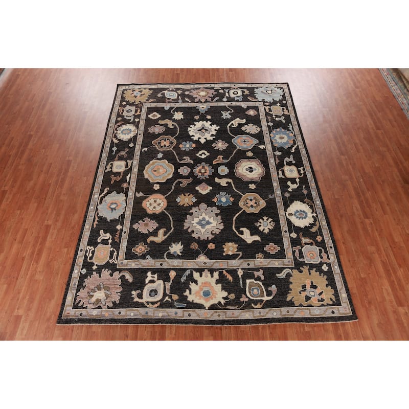 Hand Knotted Oriental 100% Wool Carpet Transitional All-Over Black Oushak Area Rug - 12' 5'' X 9' 0''