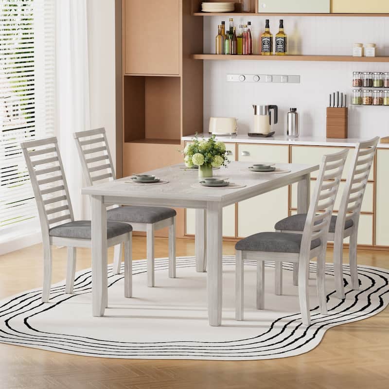 VECELO Solid Wood Dining Set Matte Gray Rubberwood Dining Set with 4 High-Back Chairs Modern Farmhouse 5-Piece Set